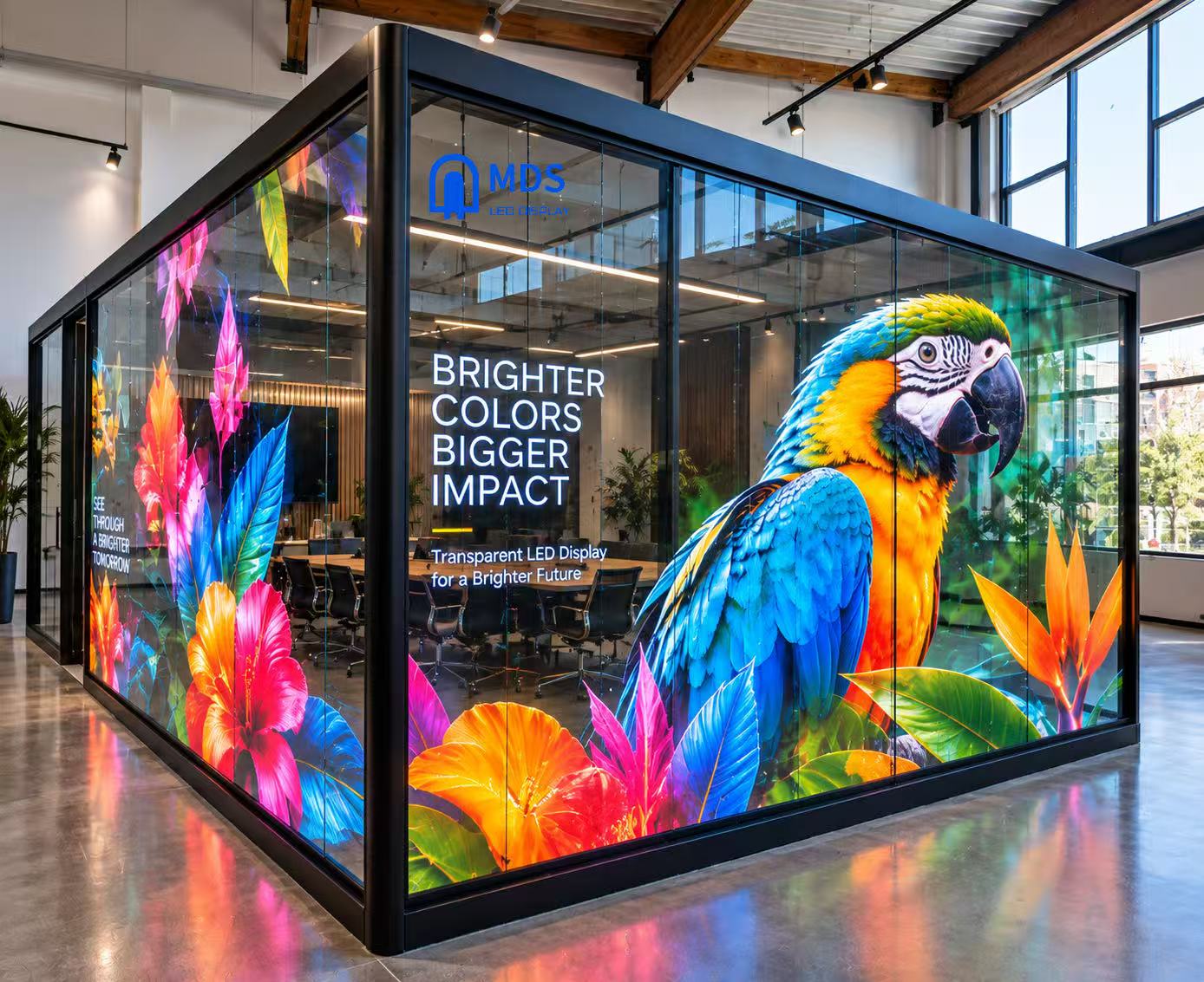 MDS transparent LED concept showing colorful parrot and flowers on glass
